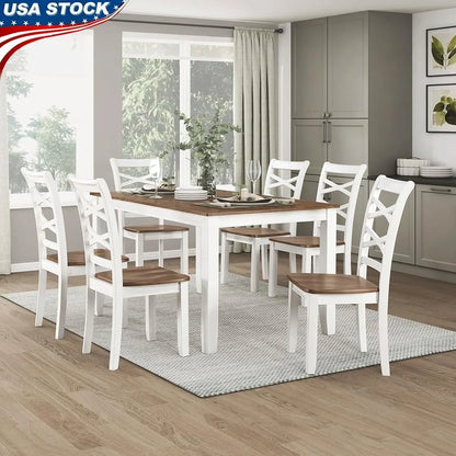 7 Piece Dining Table Set with 6 Cross Back Chairs – Solid Wood Farmhouse Kitchen Furniture