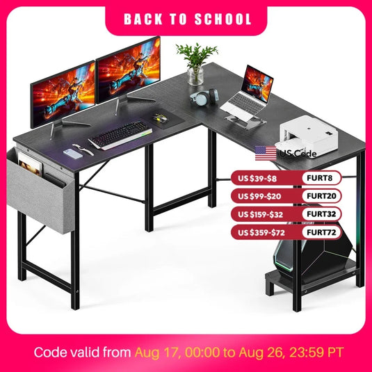 JHK Gaming Corner 50 Inch Office Writing PC Wooden Table with CPU Storage Shelf & Side Bag for Home Office Bedroom Small Space