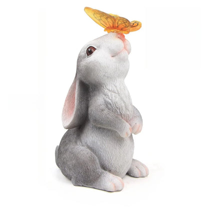 Solar Bunny Statue Garden Decor with Butterfly LED Light Resin Animal Sculpture Figurine