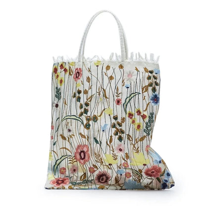Embroidered Lace Flower Shoulder Bag Women Handmade Mesh Shopping Bag Retro Art Tote Bag Beach Hand Bag Bolsa Playa