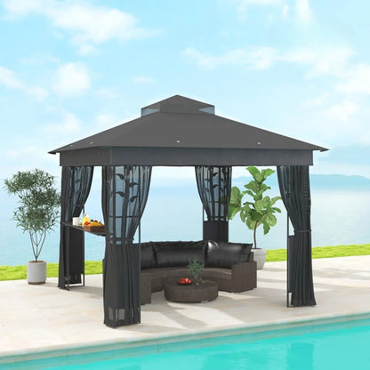 Outdoor Gazebo with Shelves and Netting – Double Roof Patio Canopy Shelter