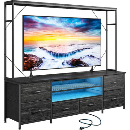 55 W Entertainment Center with LED Lights Power Outlets TV Stand with 6 Drawers for up to 60 Inch TV Black Furniture for Living
