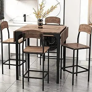 5-Piece High Counter Dining Set with Bar Table and Farmhouse-Style Drop Leaf Table, Accompanied by 4 Comfortable Counter Height