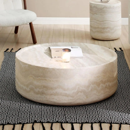 Round Coffee Table - Marble Grain Drum Design | Fiberglass Circle Accent Table for Living Room