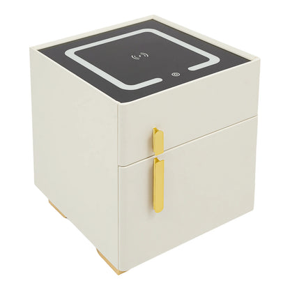 Smart Nightstand w/ Drawer & Safe Wireless Charging Nightstand Solid Wood Night Stand w/ 2 Drawers LED Bedside Tables for Bedroo
