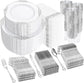 White And Silver Plastic Dinnerware Set, Disposable Party Plates With Heavy Duty Silverware Cutlery Cups Napkins, Elegant Wedding Birthday Gathering Tableware, Catering Supplies Service For One Hundred Guests