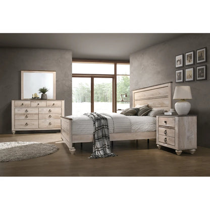 Contemporary White Wash Finish 4-Piece Bedroom Set – King Bed, Dresser, Mirror, and Nightstand