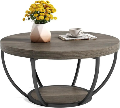 32" Circle Marble Coffee Tables, 2-Tier with Golden Metal Legs