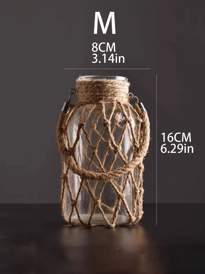 Hand Woven Hemp Rope Glass Vase – Boho Nordic Home Décor