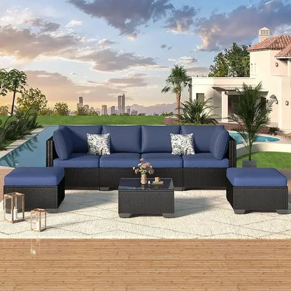 7 Piece Outdoor Patio Furniture Set – PE Rattan Outdoor Grey Wicker Sectional with Cushions