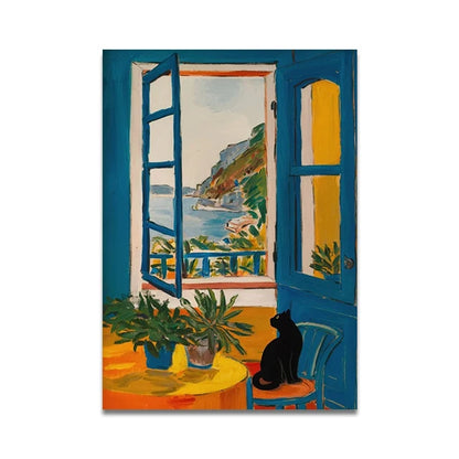 Bathroom Cat Reading on Toilet Canvas Wall Art Print Poster – Funny Animal Decor Painting, Home Decor Gift (Unframed