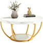 32" Circle Marble Coffee Tables, 2-Tier with Golden Metal Legs