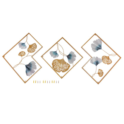 3PCS 164 X 70.5cm Metal Wall Art Hanging Sculpture Decor 3D Ginkgo Gold & Blue