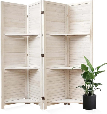 Partition Room Dividers, Folding Wood Privacy Screen with Three Display Shelves:
