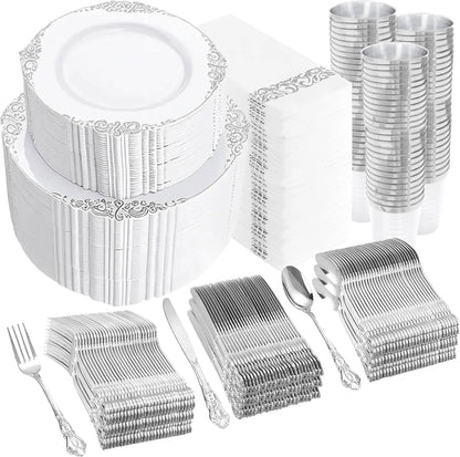 White And Silver Plastic Dinnerware Set, Disposable Party Plates With Heavy Duty Silverware Cutlery Cups Napkins, Elegant Wedding Birthday Gathering Tableware, Catering Supplies Service For One Hundred Guests