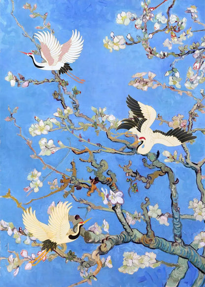 Butterfly Bird on Van Gogh Almond Blossom Canvas Painting Wall Art