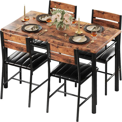 IRONCK Dining Table Set for 4 – Rustic Brown Wood Kitchen Table with Upholstered Chairs
