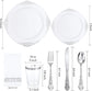 White And Silver Plastic Dinnerware Set, Disposable Party Plates With Heavy Duty Silverware Cutlery Cups Napkins, Elegant Wedding Birthday Gathering Tableware, Catering Supplies Service For One Hundred Guests
