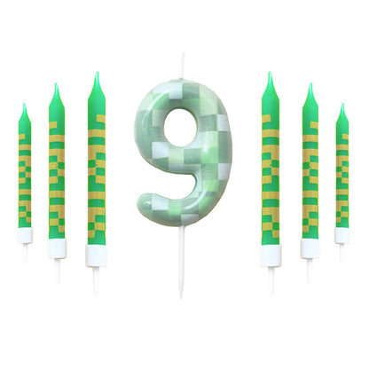 7 Pieces Digital Cake Candle Decoration - Minecraft Theme (Green), Wishing Candle for Kids Birthday Party