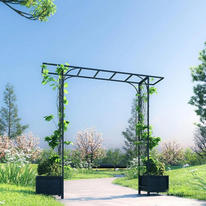 Metal Garden Arbor with Planters,83.5'' High x 90.5'' Wide,Outdoor Arch for Climbing Plant,Decorations Pergola with Plant Basket