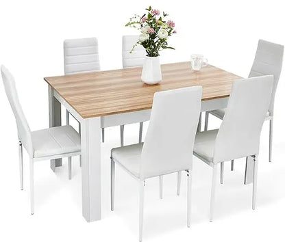 Dining Table and Chairs Set for 6 – 7-Piece Kitchen Table Set with High Back Faux Leather Chairs